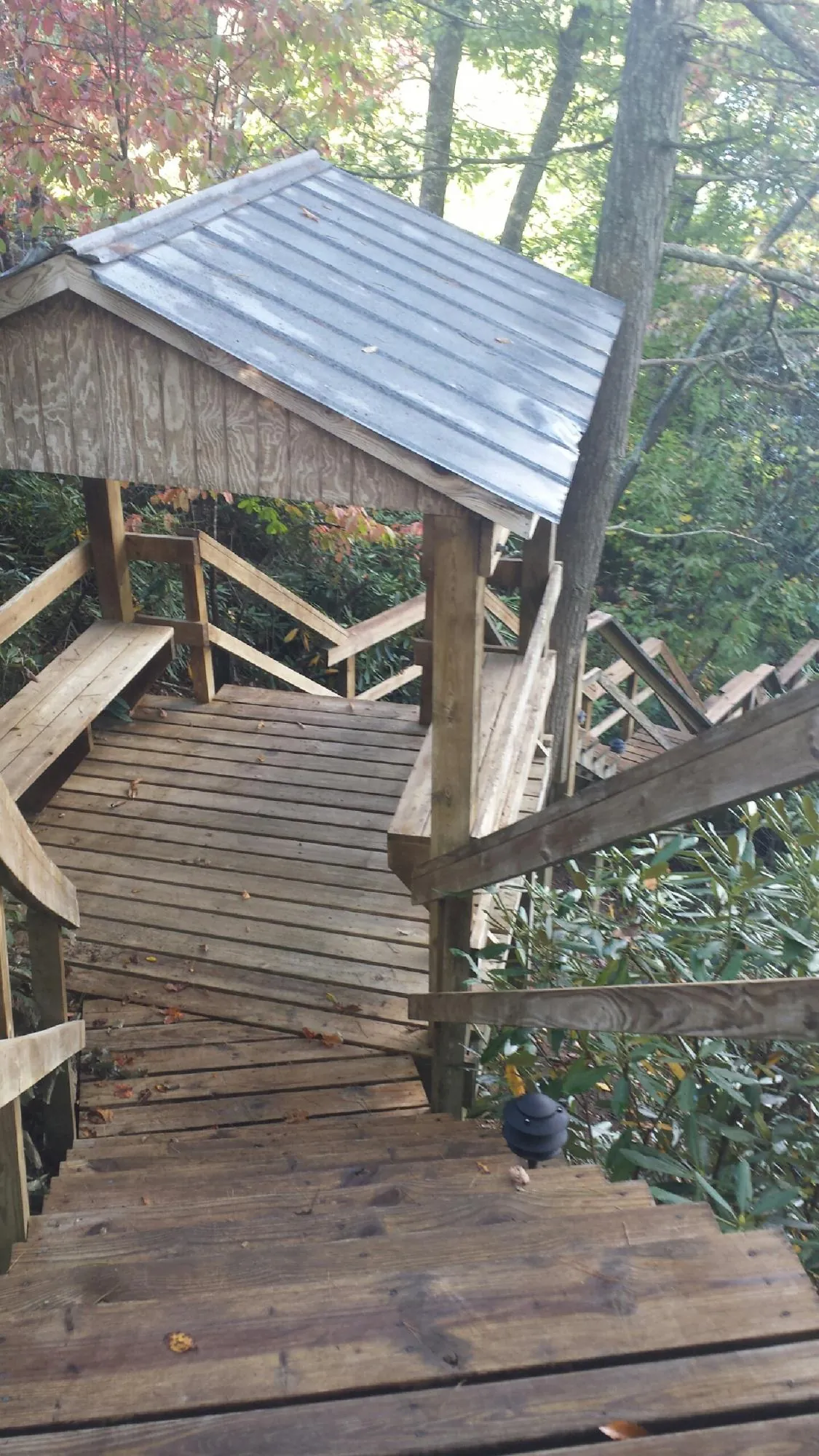 Metal roofed shelter over wooden steps on a wooded walkway — Skylight Repair & Installation work by our crew in Mississippi State